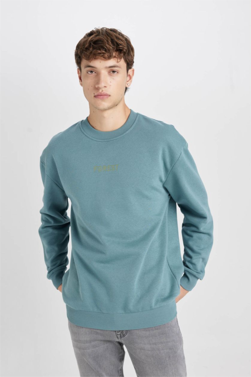 HOMME Bleu Sweat- Shirt Coupe boxy Col rond Manche Longue