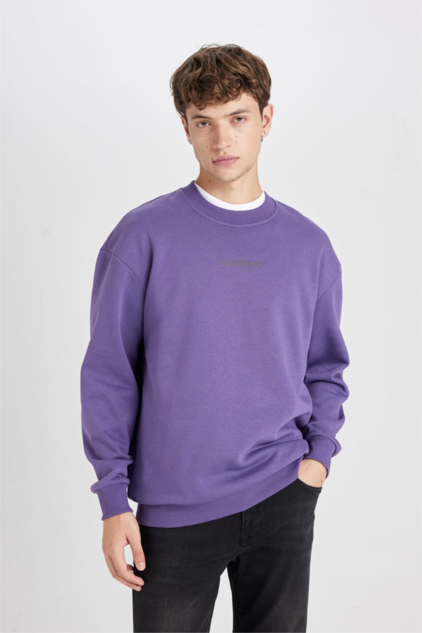 Erkek Mor Mor Boxy Fit Bisiklet Yaka Baskılı Sweatshirt