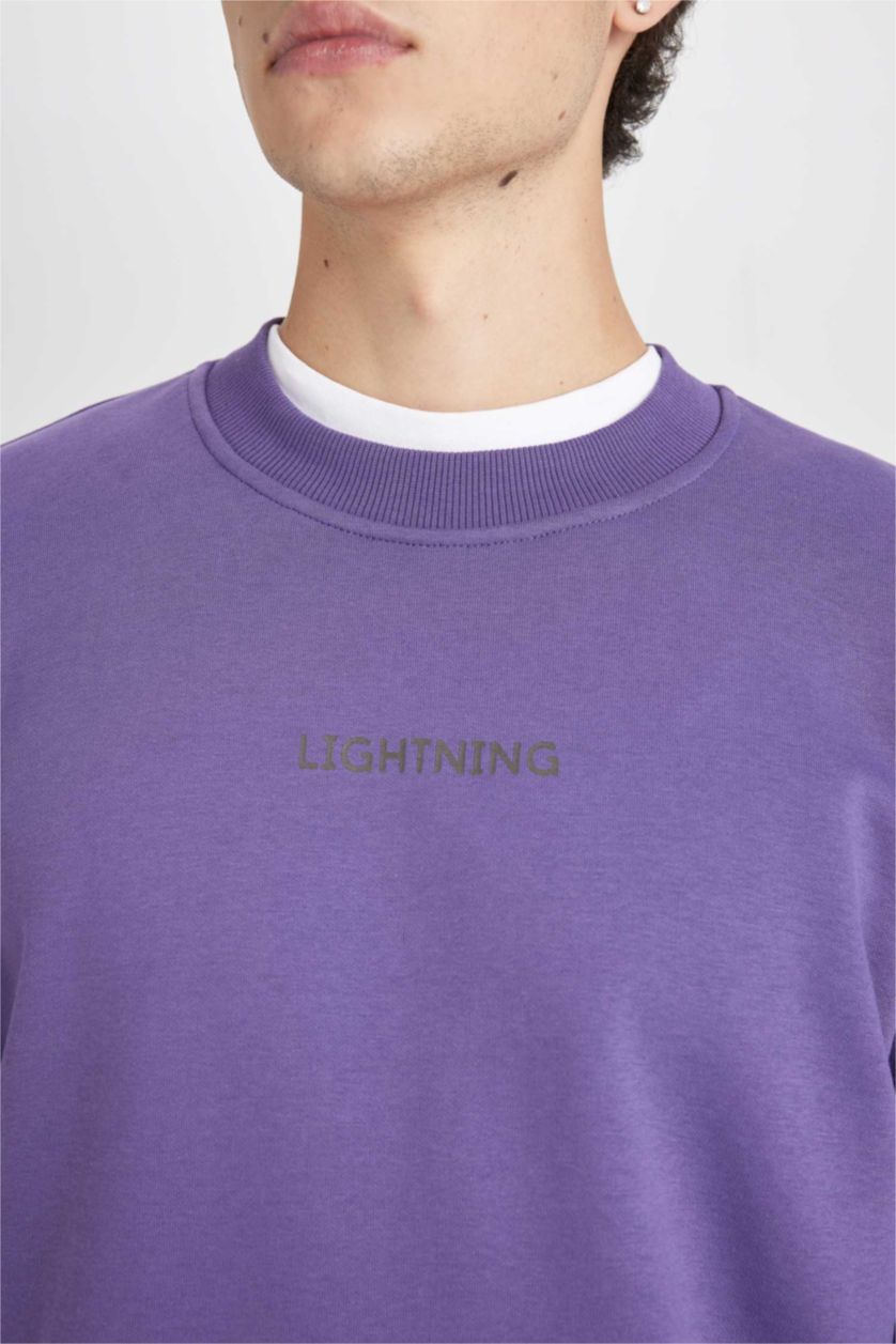 Erkek Mor Mor Boxy Fit Bisiklet Yaka Baskılı Sweatshirt