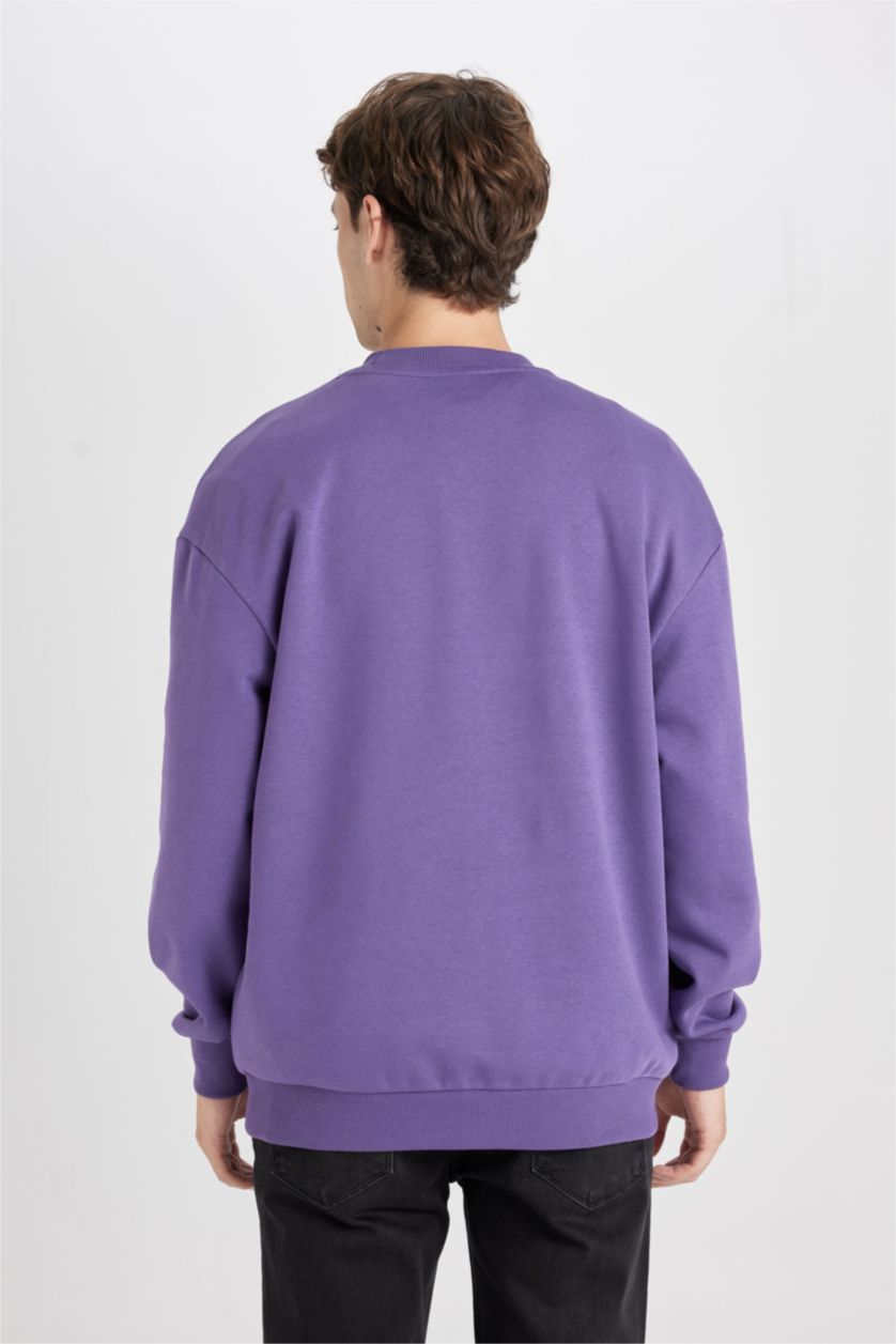 Erkek Mor Mor Boxy Fit Bisiklet Yaka Baskılı Sweatshirt