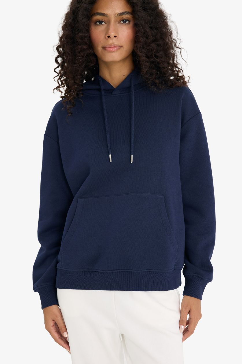 WOMAN NAVY Regular Fit Hooded Basic Thick Fabric Sweatshirt