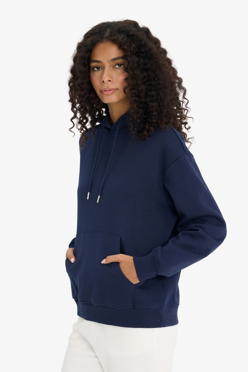 WOMAN NAVY Regular Fit Hooded Basic Thick Fabric Sweatshirt