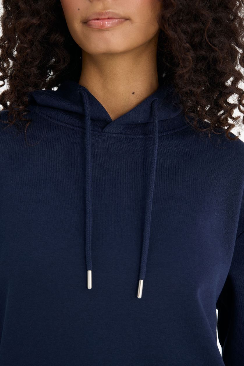 WOMAN NAVY Regular Fit Hooded Basic Thick Fabric Sweatshirt