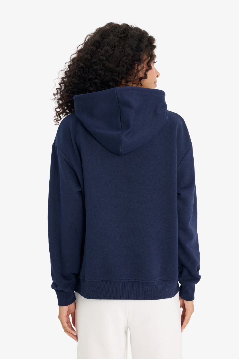 WOMAN NAVY Regular Fit Hooded Basic Thick Fabric Sweatshirt
