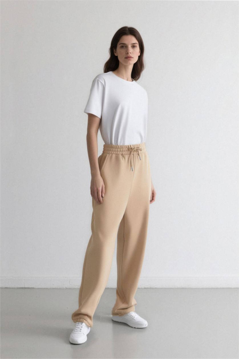 Kadın Kum Jogger Kalın  Eşofman Altı Cepli Bağcıklı Yüksek Bel