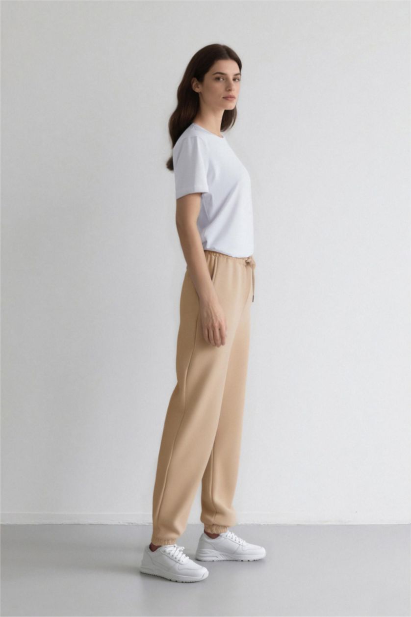 Kadın Kum Jogger Kalın  Eşofman Altı Cepli Bağcıklı Yüksek Bel