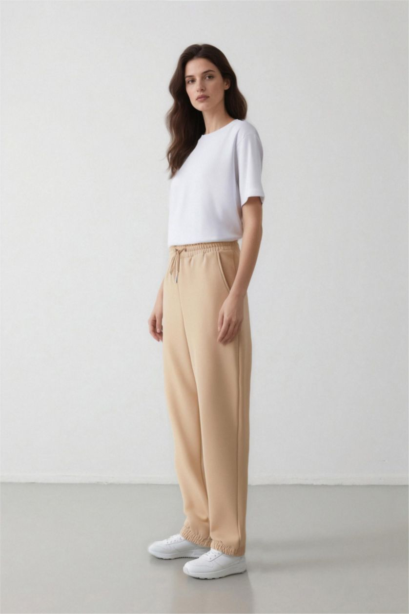 Kadın Kum Jogger Kalın  Eşofman Altı Cepli Bağcıklı Yüksek Bel