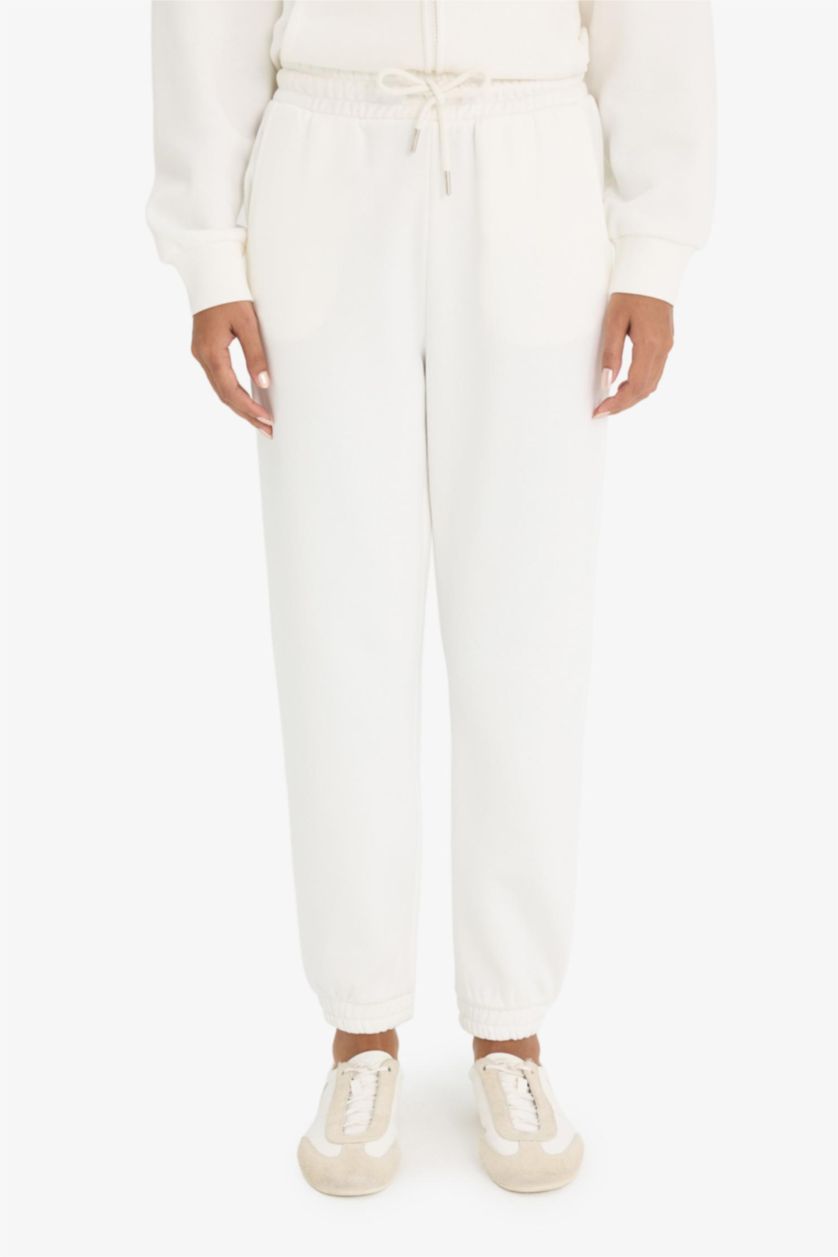 Woman Ecru Jogger Fit Basic High Waist Thick Fabric Trousers