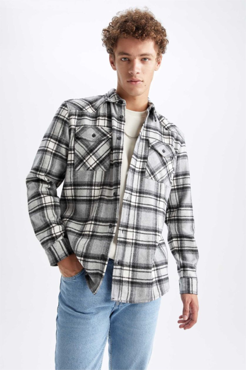 رجال أسود قميص كاروهات قصة عادية كم طويل