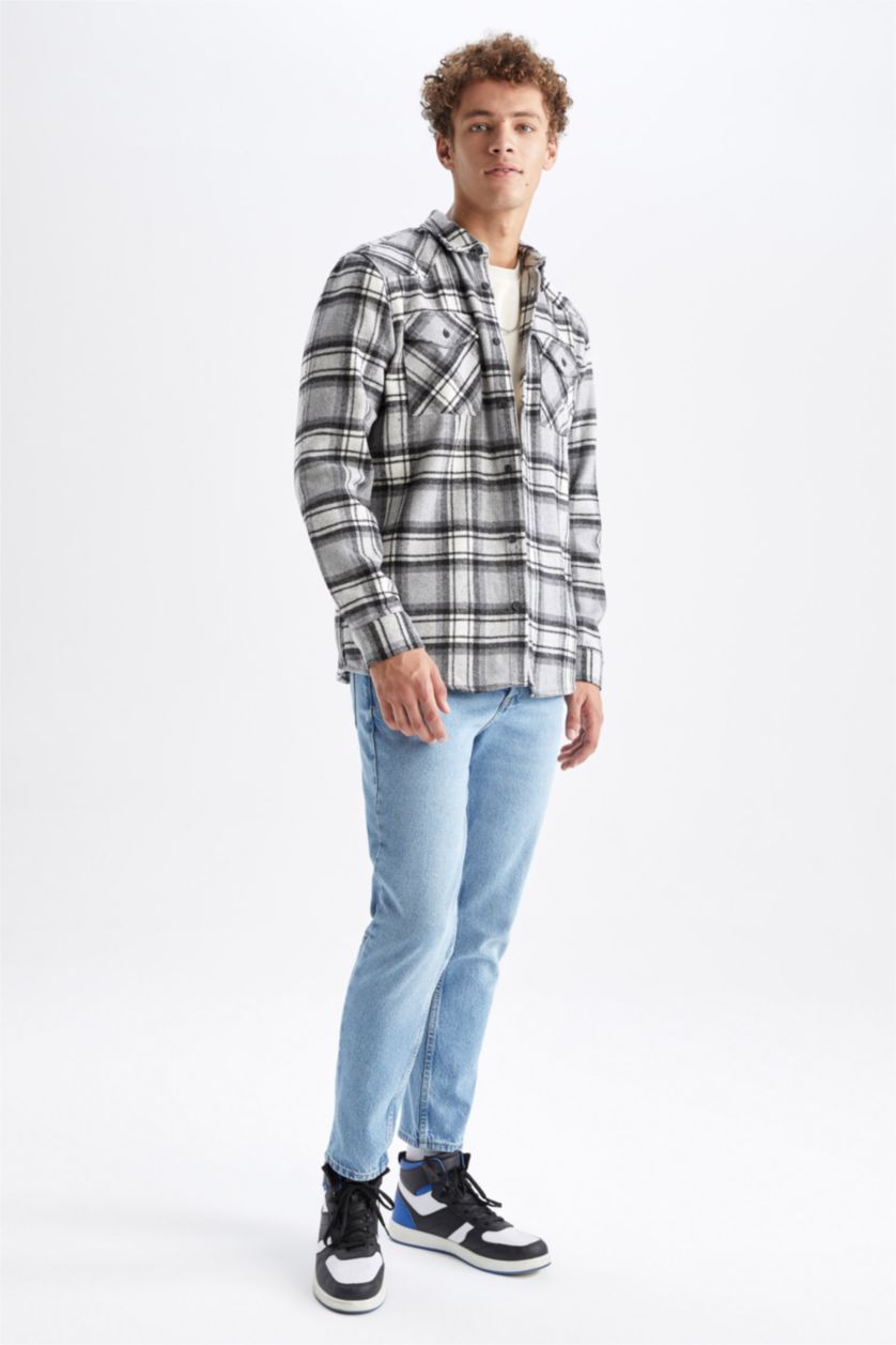 رجال أسود قميص كاروهات قصة عادية كم طويل