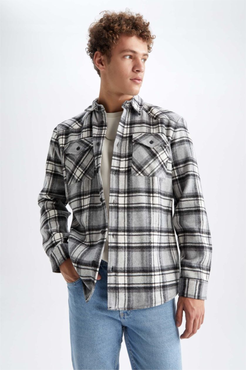 رجال أسود قميص كاروهات قصة عادية كم طويل