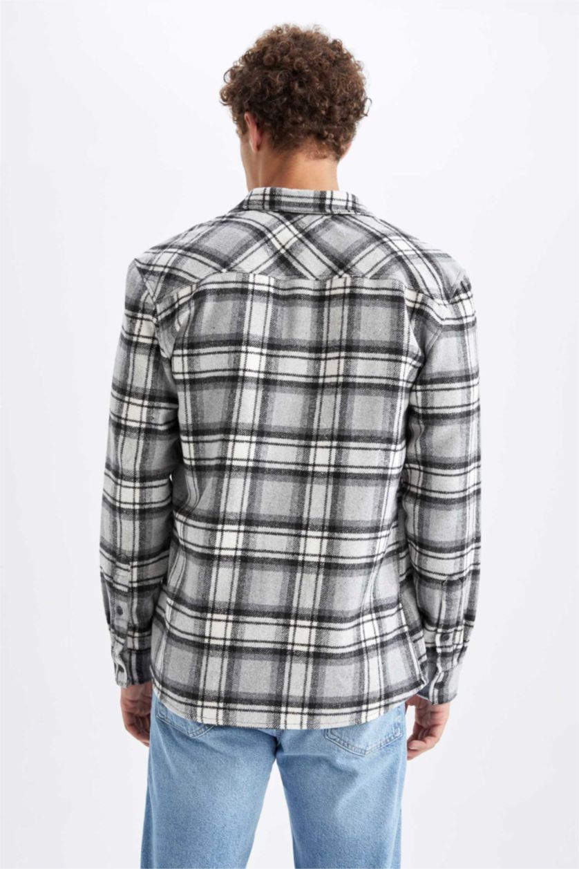 رجال أسود قميص كاروهات قصة عادية كم طويل