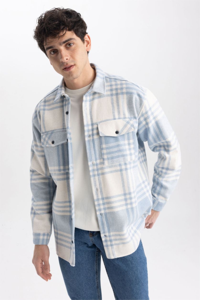 Erkek Mavi Relax Fıt Oduncu Uzun Kollu Gömlek