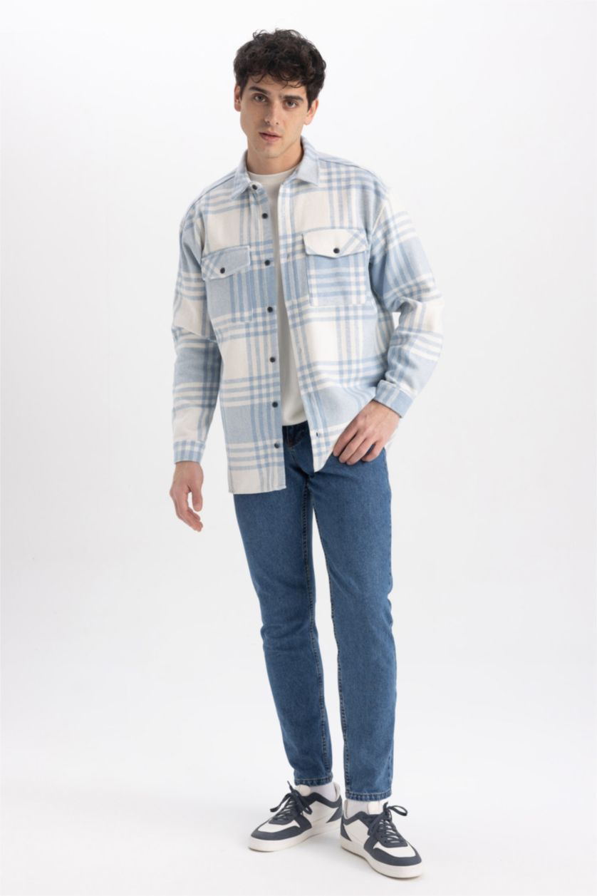 Erkek Mavi Relax Fıt Oduncu Uzun Kollu Gömlek