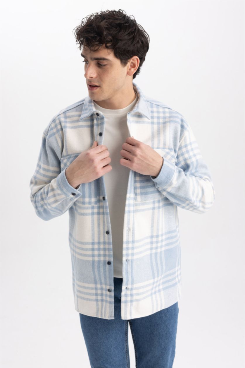 Erkek Mavi Relax Fıt Oduncu Uzun Kollu Gömlek