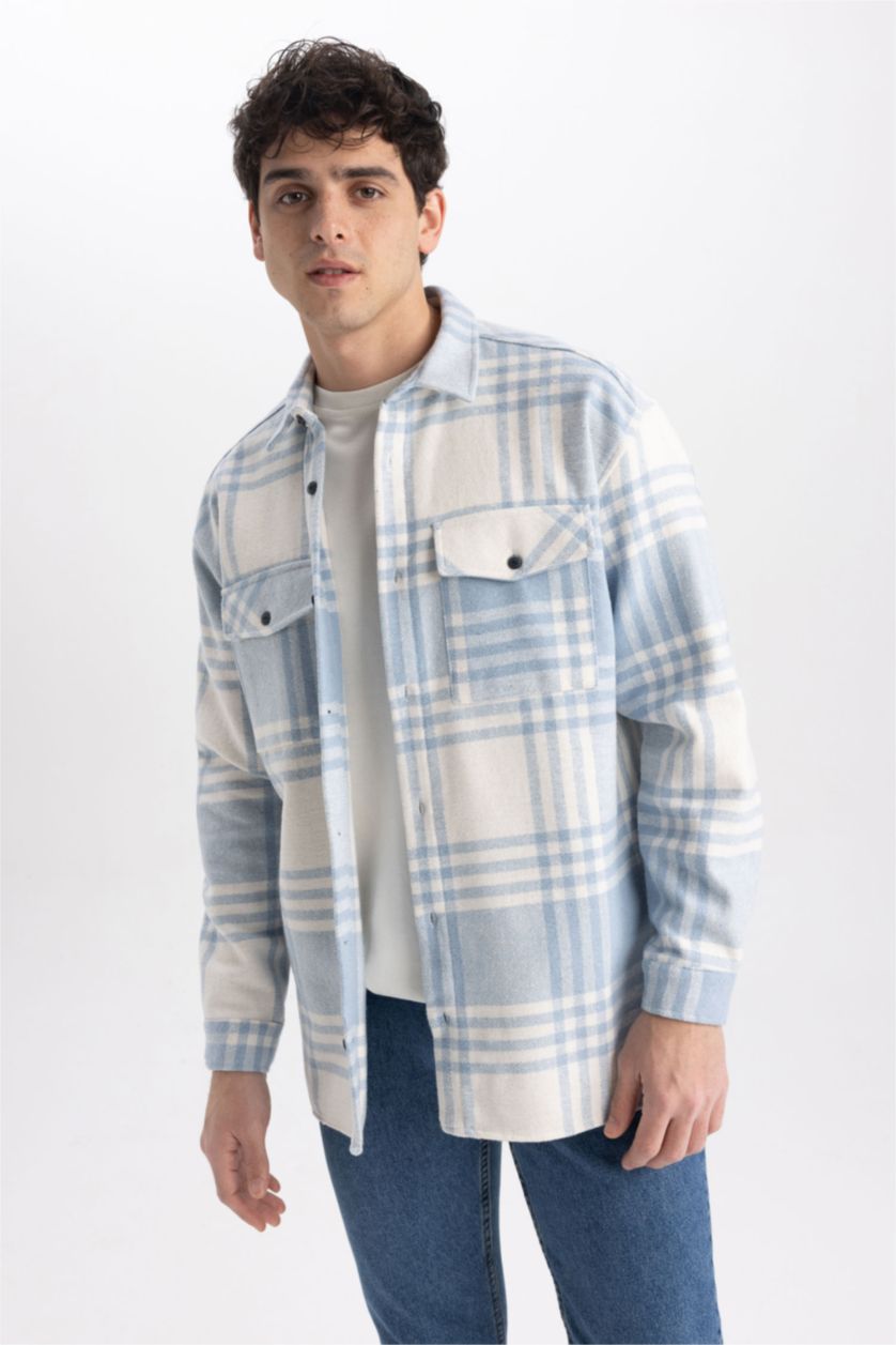 Erkek Mavi Relax Fıt Oduncu Uzun Kollu Gömlek