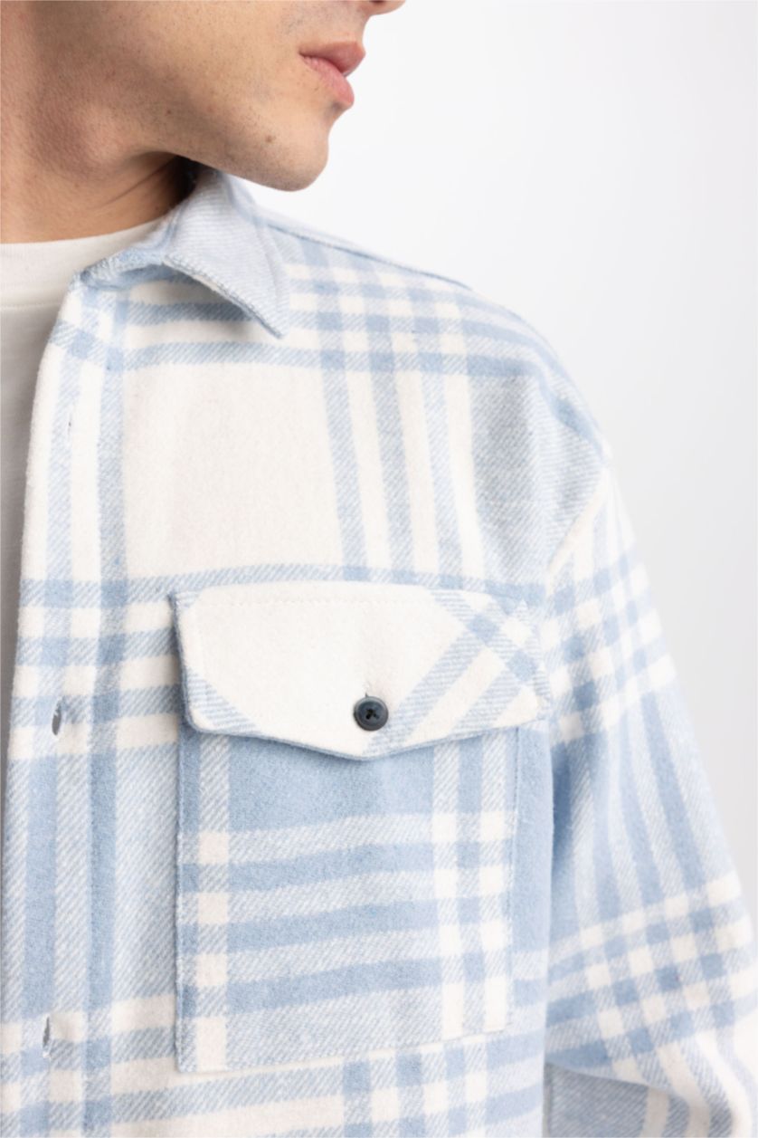 Erkek Mavi Relax Fıt Oduncu Uzun Kollu Gömlek