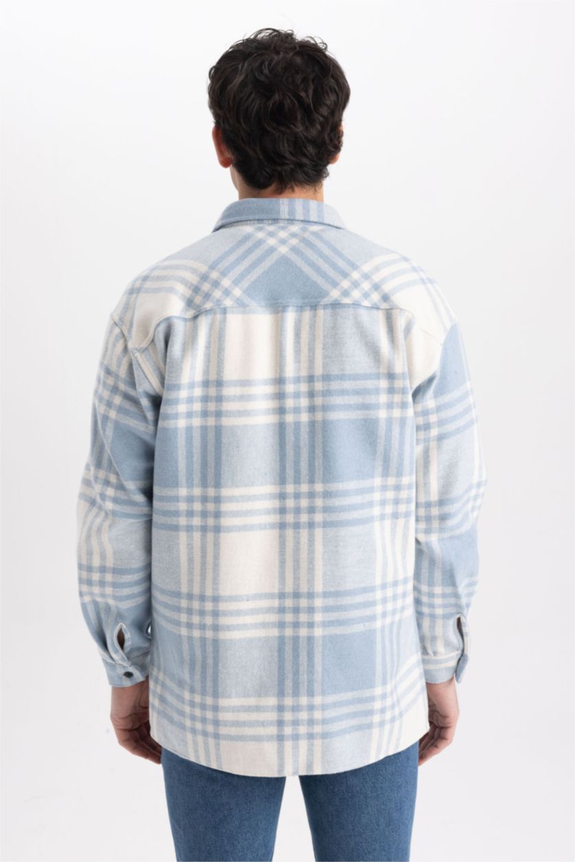 Erkek Mavi Relax Fıt Oduncu Uzun Kollu Gömlek