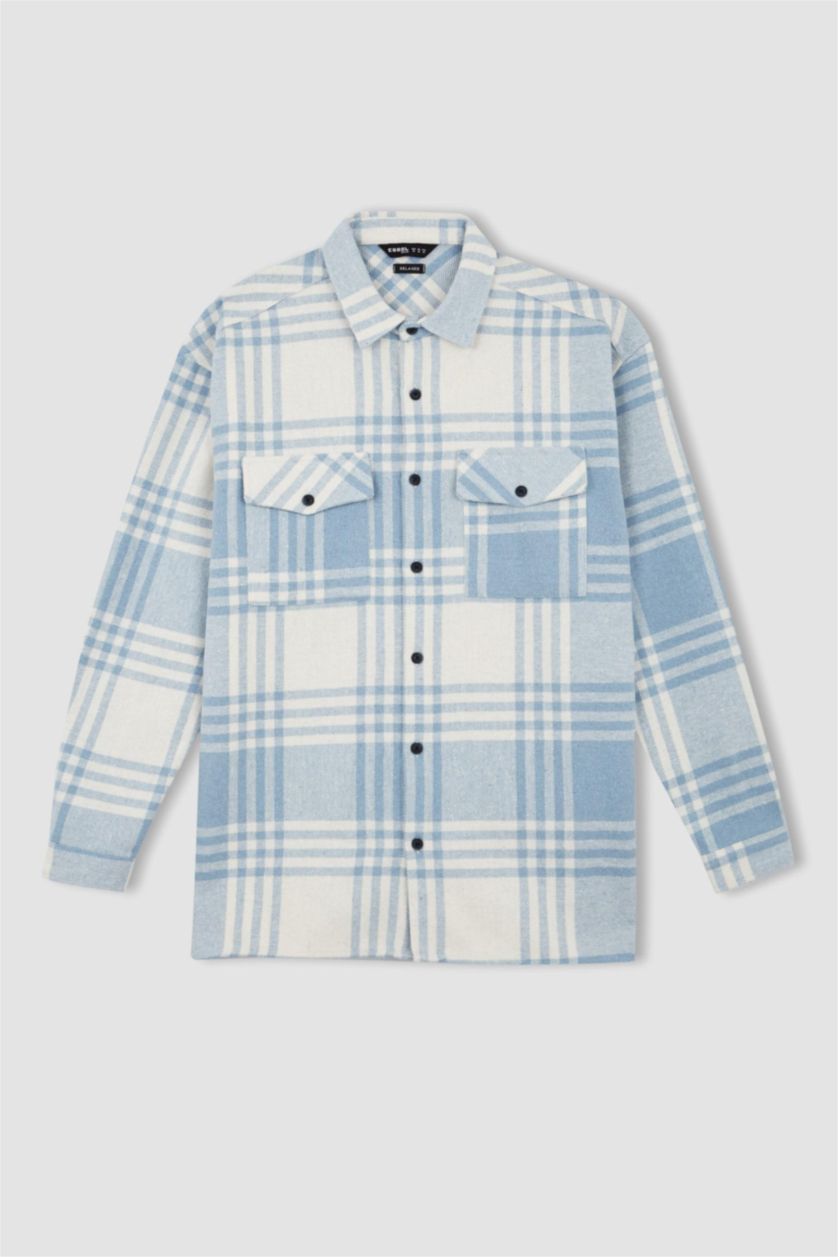 Erkek Mavi Relax Fıt Oduncu Uzun Kollu Gömlek