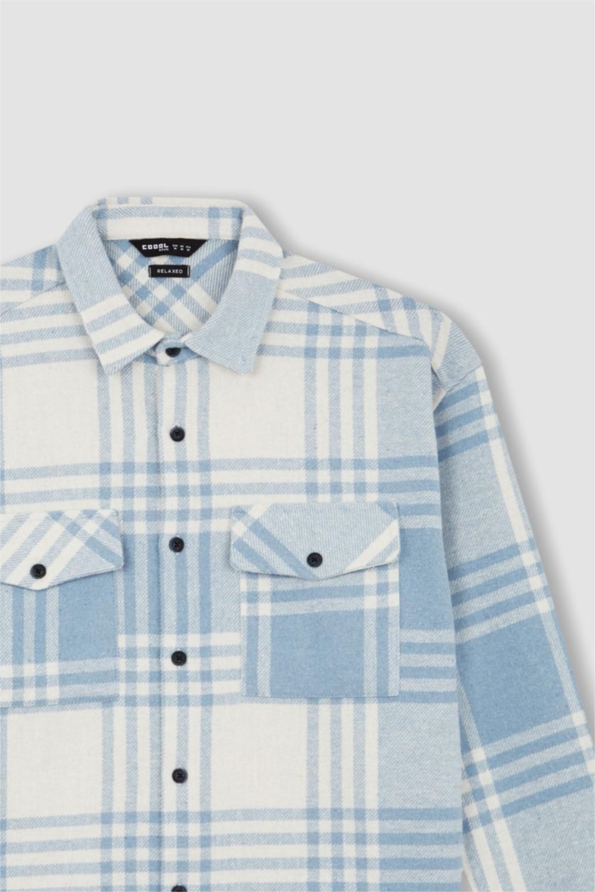 Erkek Mavi Relax Fıt Oduncu Uzun Kollu Gömlek