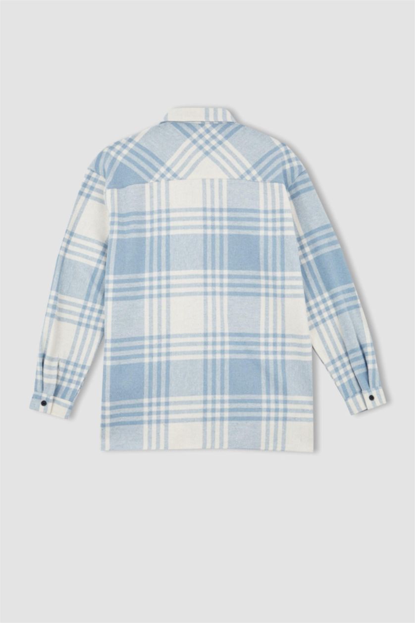 Erkek Mavi Relax Fıt Oduncu Uzun Kollu Gömlek