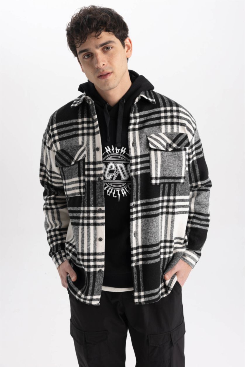 رجال أسود قميص كاروهات كم طويل قصة مريحة