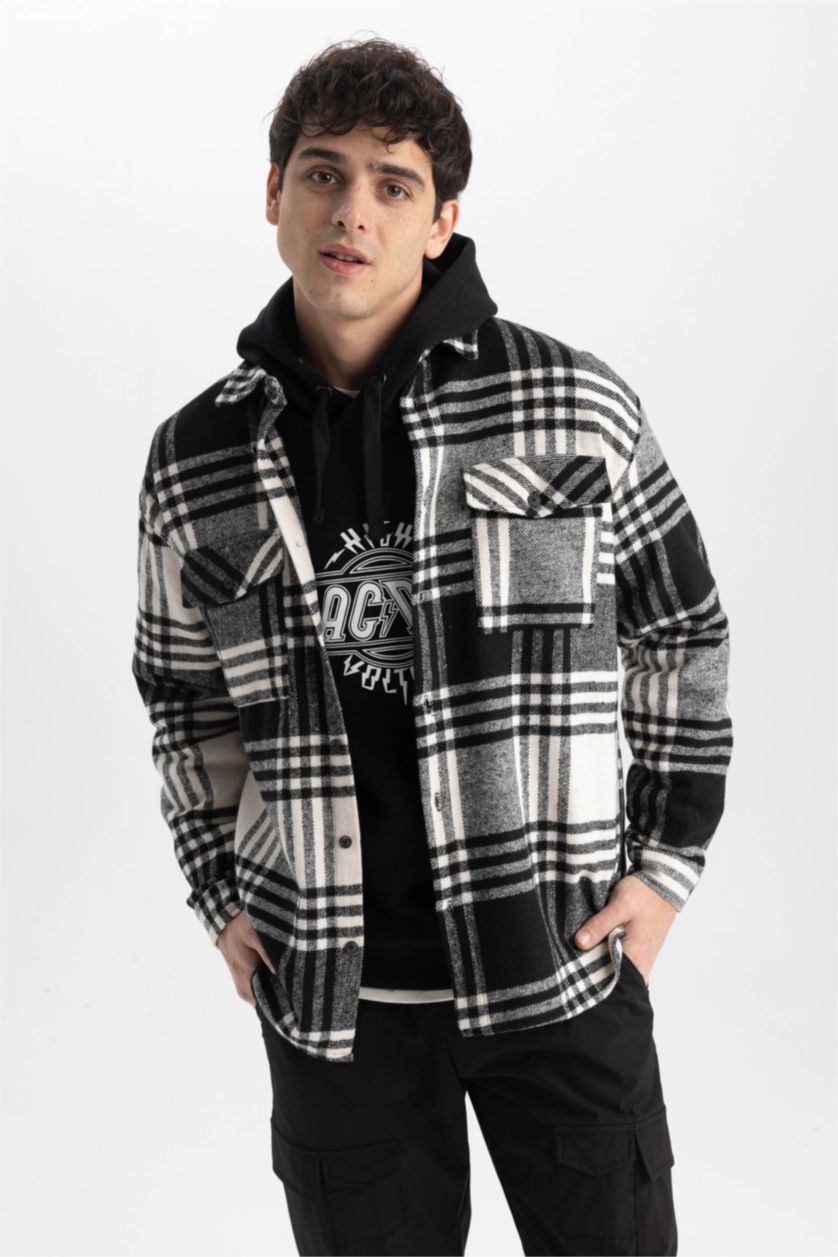 رجال أسود قميص كاروهات كم طويل قصة مريحة