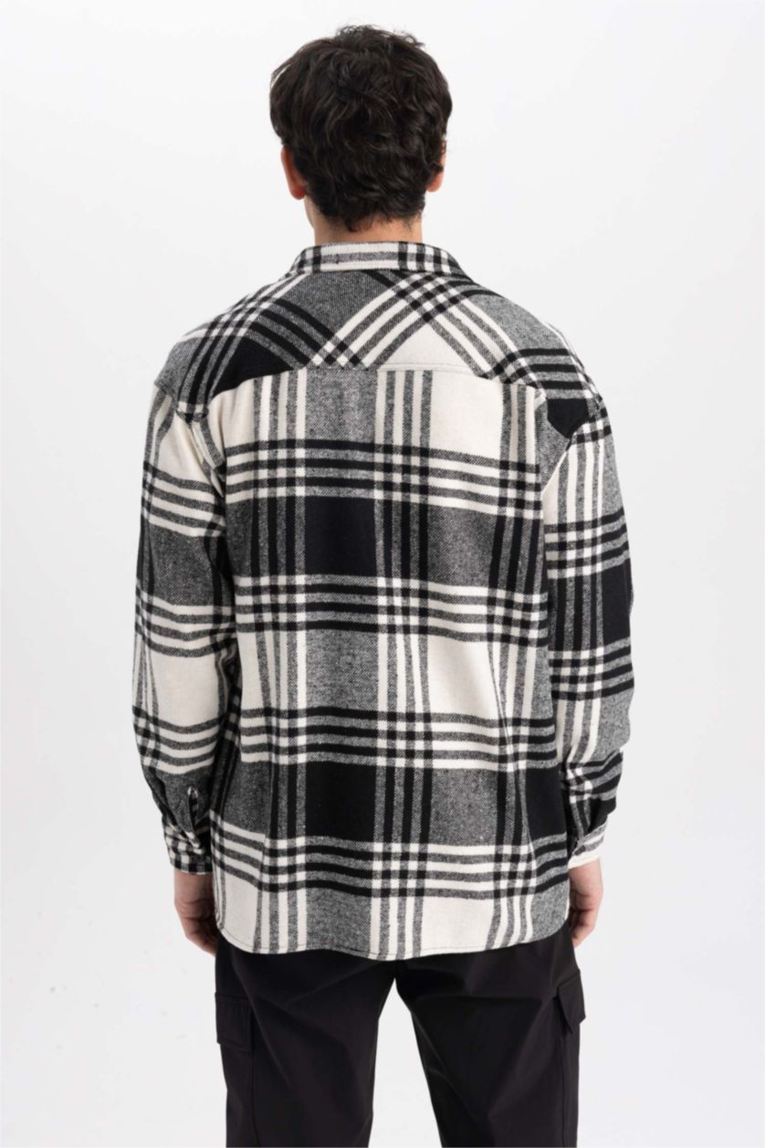 رجال أسود قميص كاروهات كم طويل قصة مريحة