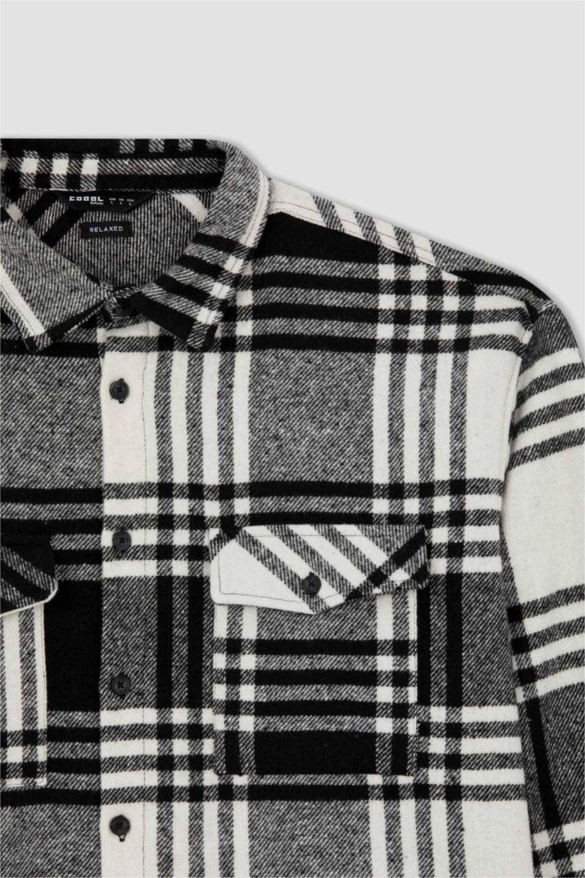 رجال أسود قميص كاروهات كم طويل قصة مريحة