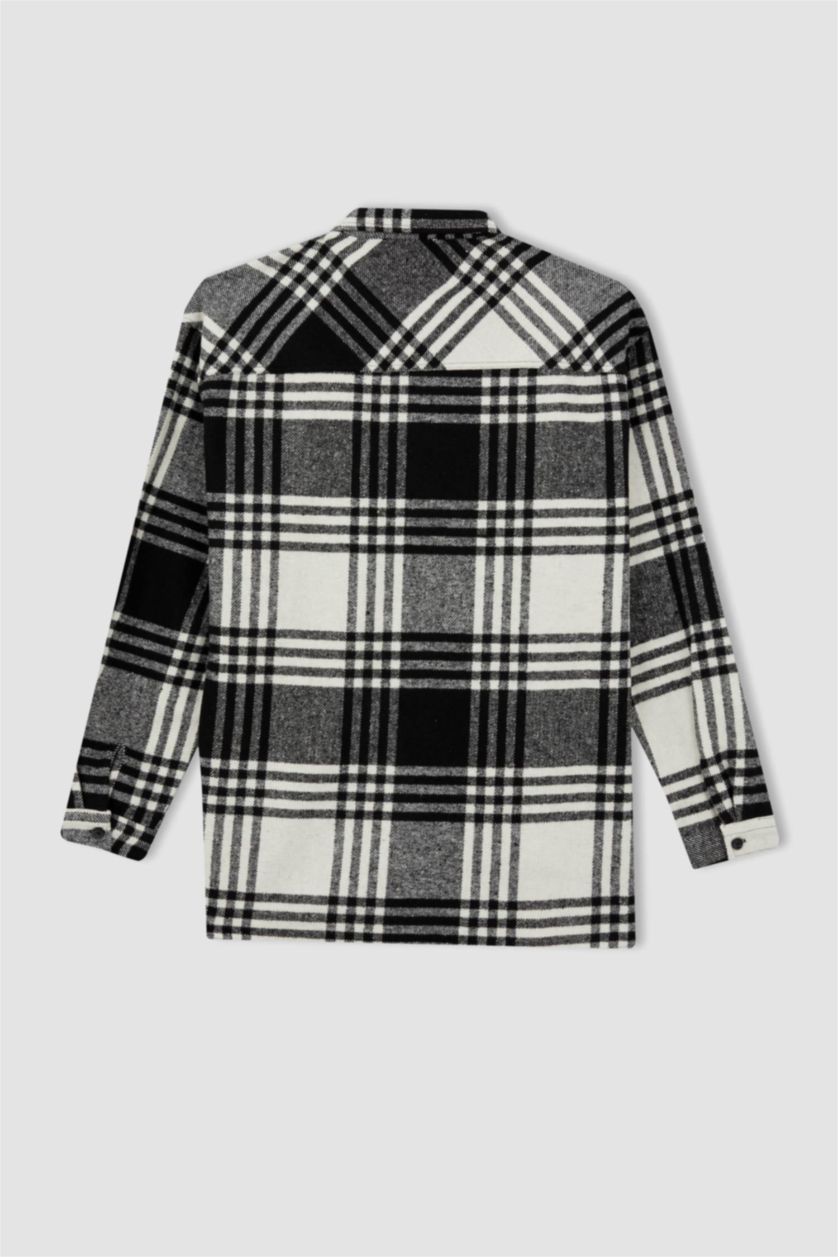 رجال أسود قميص كاروهات كم طويل قصة مريحة