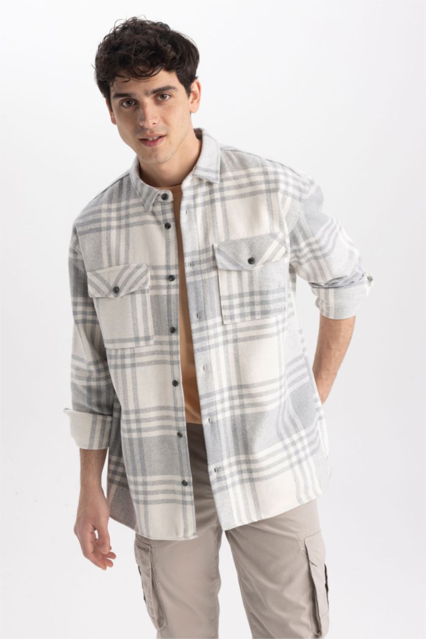 رجال رمادي فاتح Relax Fit Woodcutter Long Sleeve Shirt