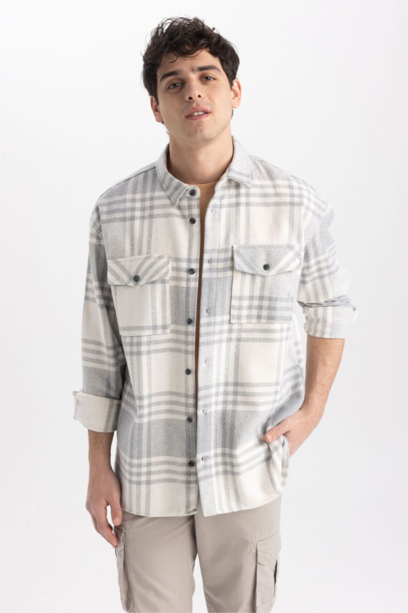 رجال رمادي فاتح Relax Fit Woodcutter Long Sleeve Shirt