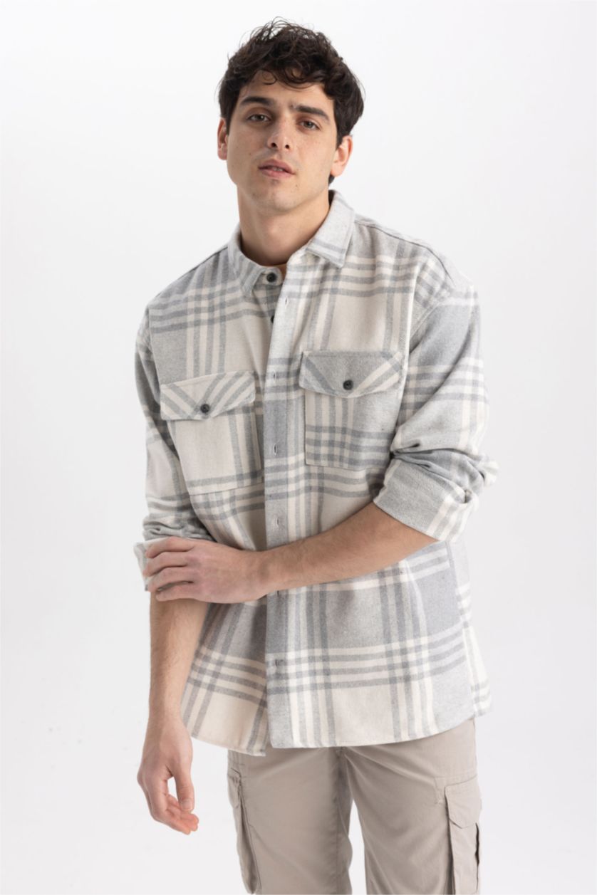 رجال رمادي فاتح Relax Fit Woodcutter Long Sleeve Shirt