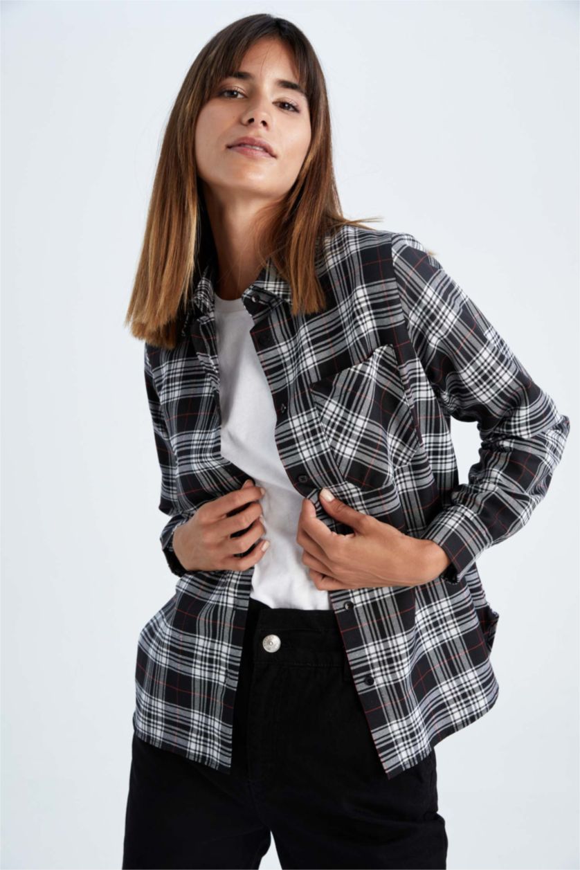 FEMME Noir Chemises à manches longues Flanelle Col De Chemise Poche