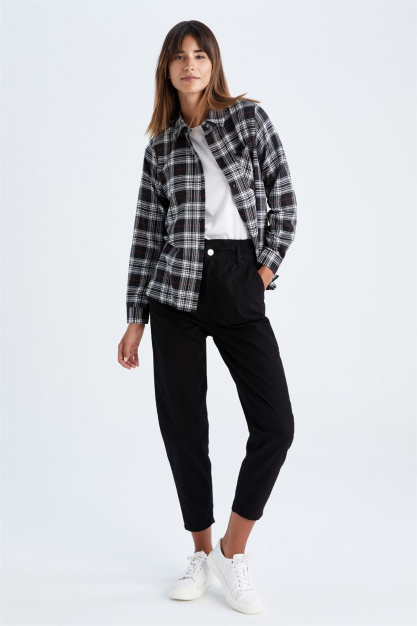 FEMME Noir Chemises à manches longues Flanelle Col De Chemise Poche