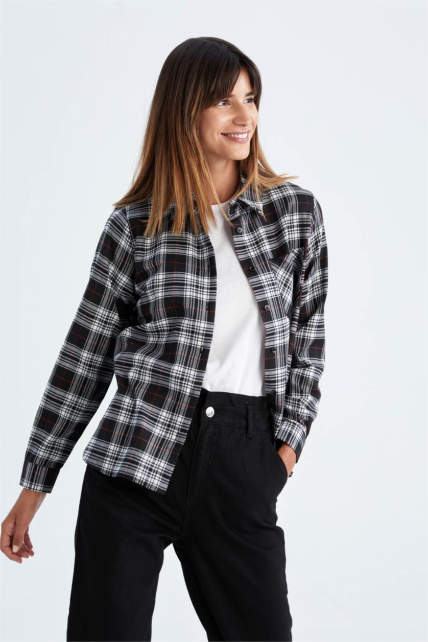 FEMME Noir Chemises à manches longues Flanelle Col De Chemise Poche