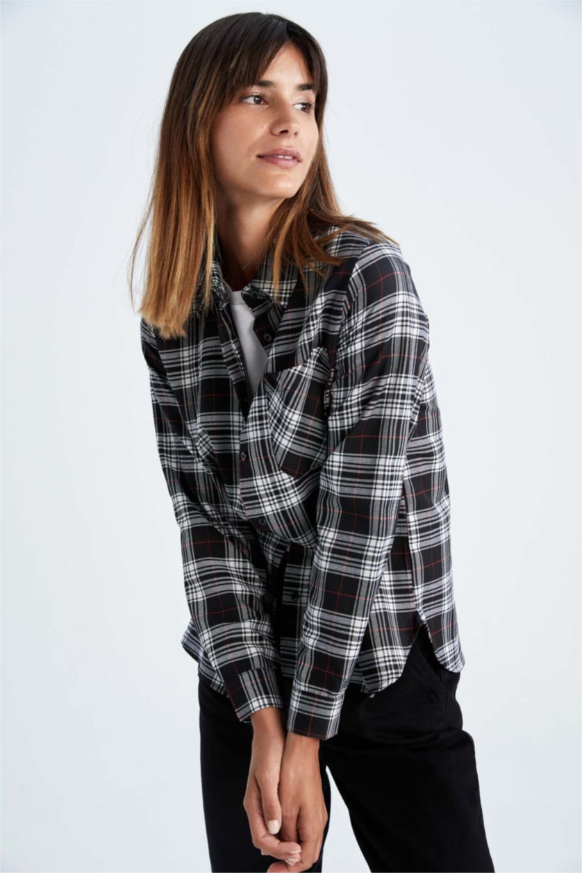 FEMME Noir Chemises à manches longues Flanelle Col De Chemise Poche