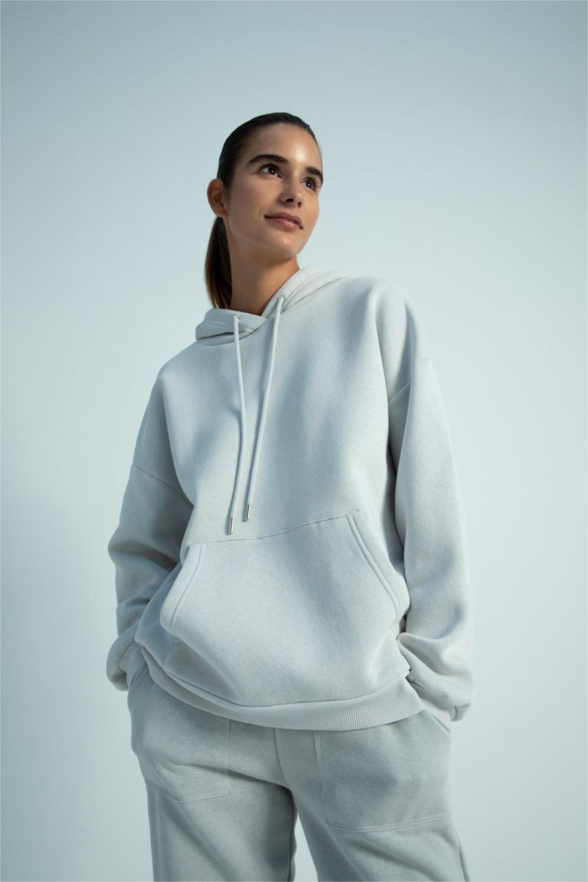 FEMME Gris Sweat- Shirt Coupe Oversize À capuche Manche Longue