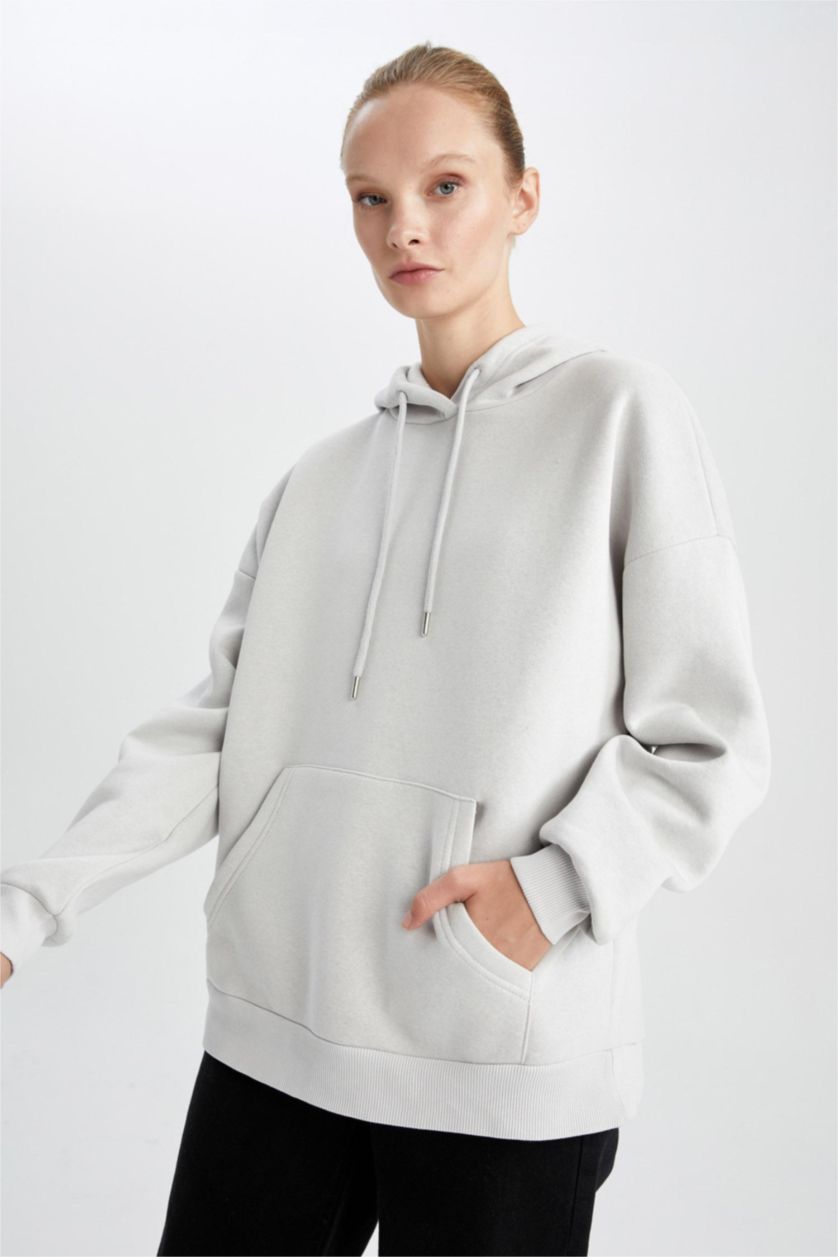 FEMME Gris Sweat- Shirt Coupe Oversize À capuche Manche Longue