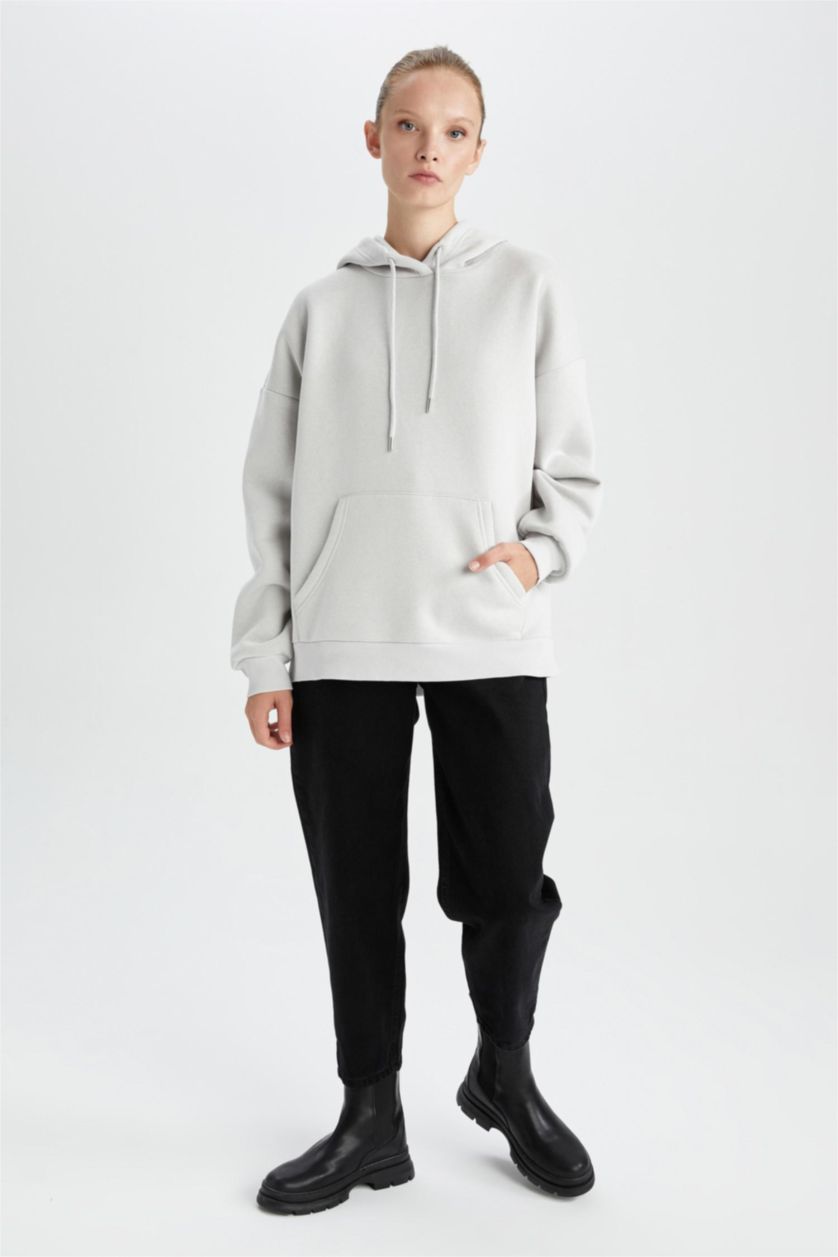 FEMME Gris Sweat- Shirt Coupe Oversize À capuche Manche Longue