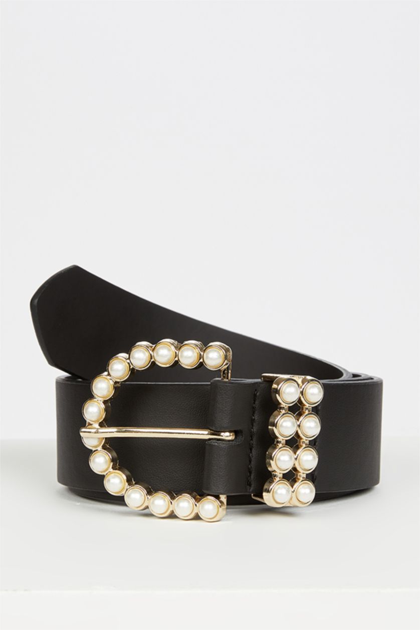 Woman Black Women's Faux Leather Pearl Buckle Belt