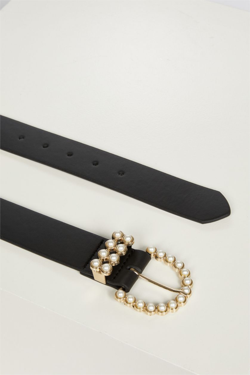 Woman Black Women's Faux Leather Pearl Buckle Belt