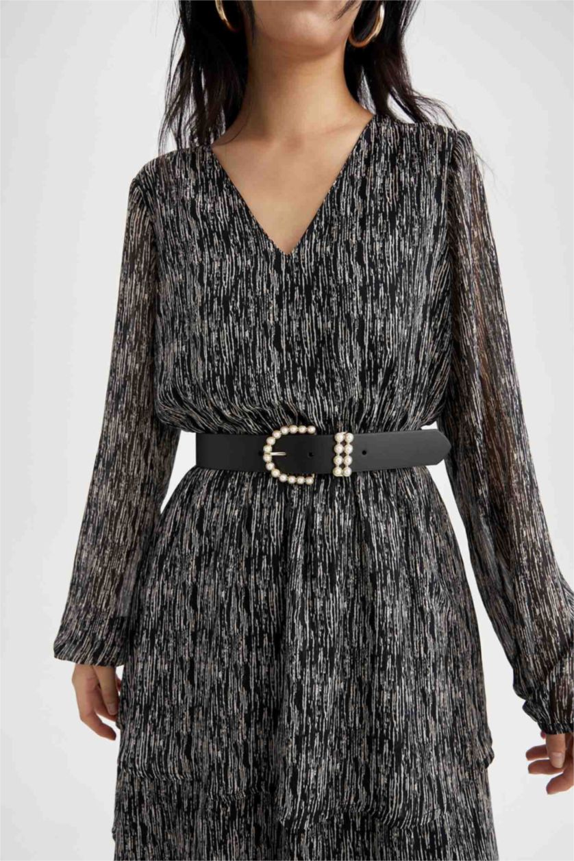 Woman Black Women's Faux Leather Pearl Buckle Belt