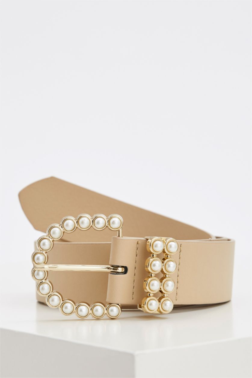 Kadın Ekru Kadın Suni Deri İnci Tokalı Kemer