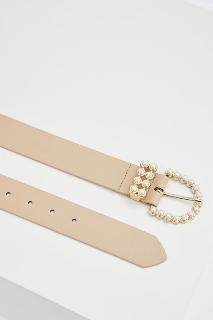 Kadın Ekru Kadın Suni Deri İnci Tokalı Kemer