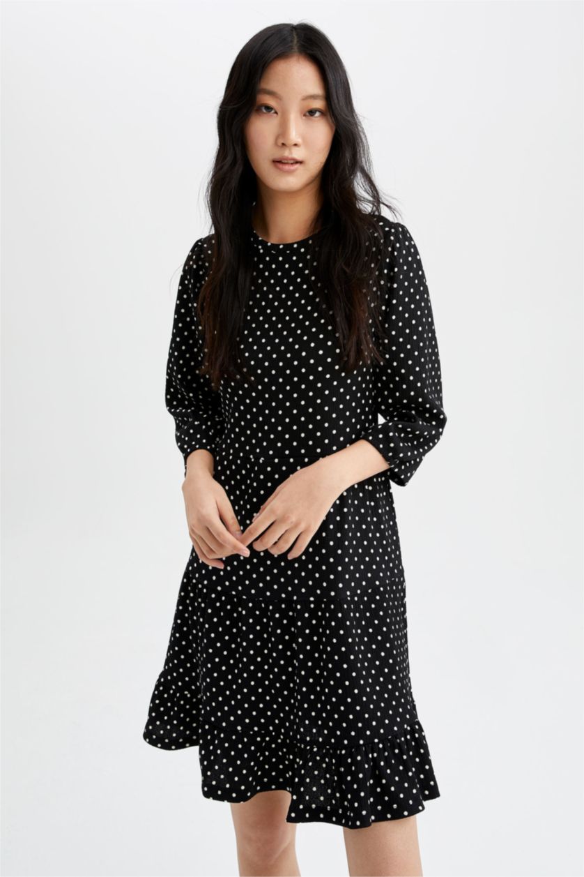 FEMME Noir Mini-robe d'été à manches ballon et volants à motifs à pois