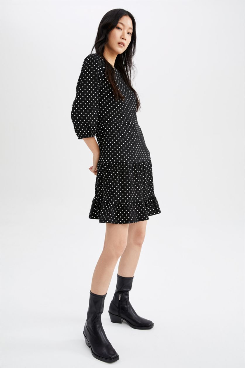 FEMME Noir Mini-robe d'été à manches ballon et volants à motifs à pois