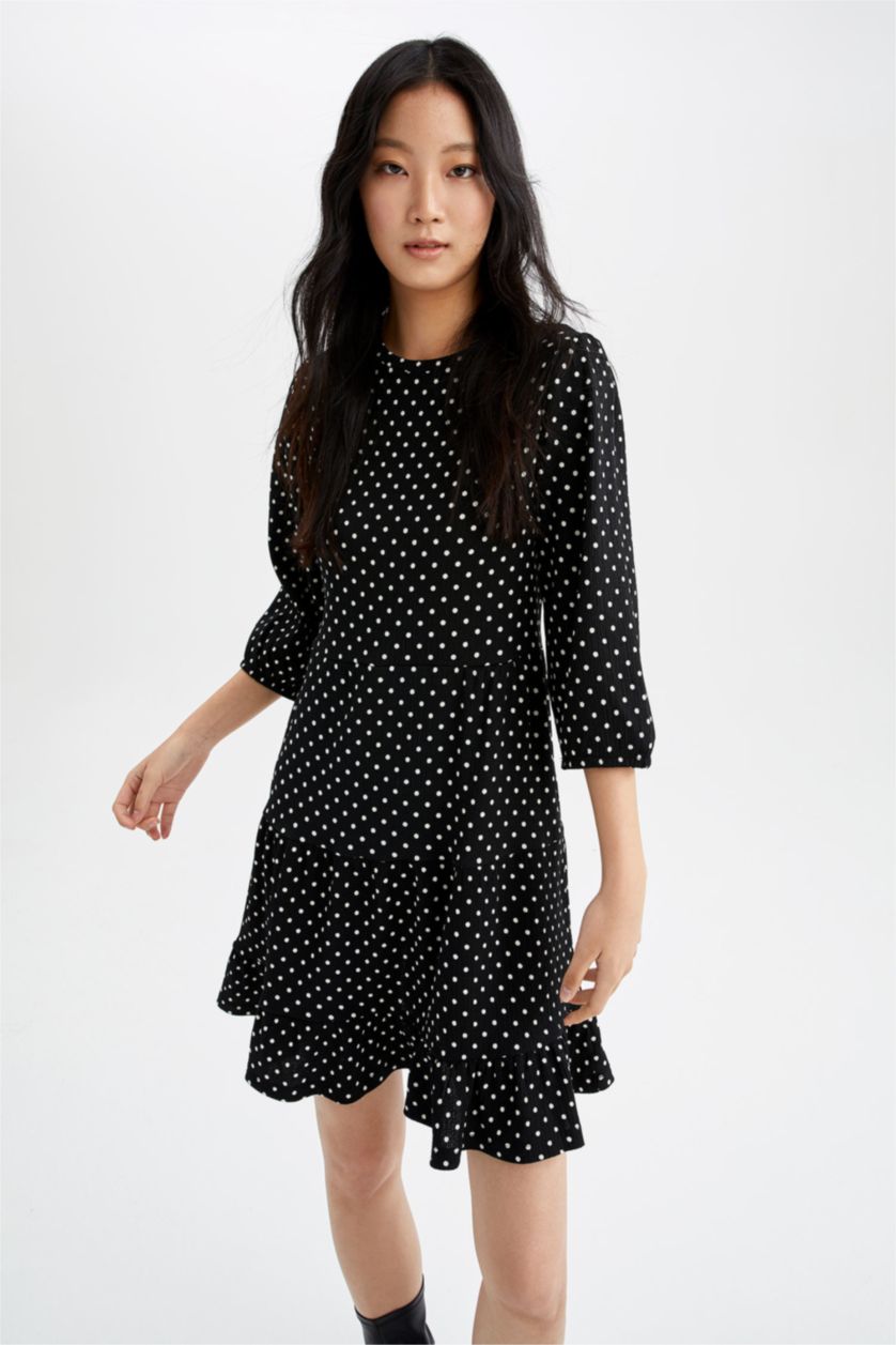 FEMME Noir Mini-robe d'été à manches ballon et volants à motifs à pois