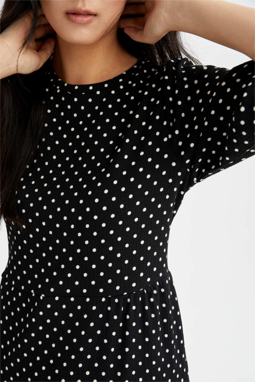 FEMME Noir Mini-robe d'été à manches ballon et volants à motifs à pois