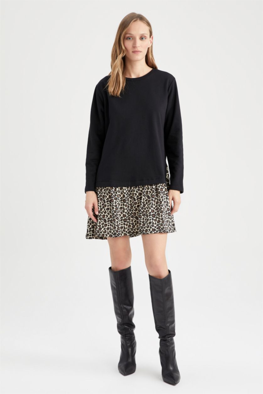 Woman Vison Patterned Flounce Skirt Detail Sweat Dress